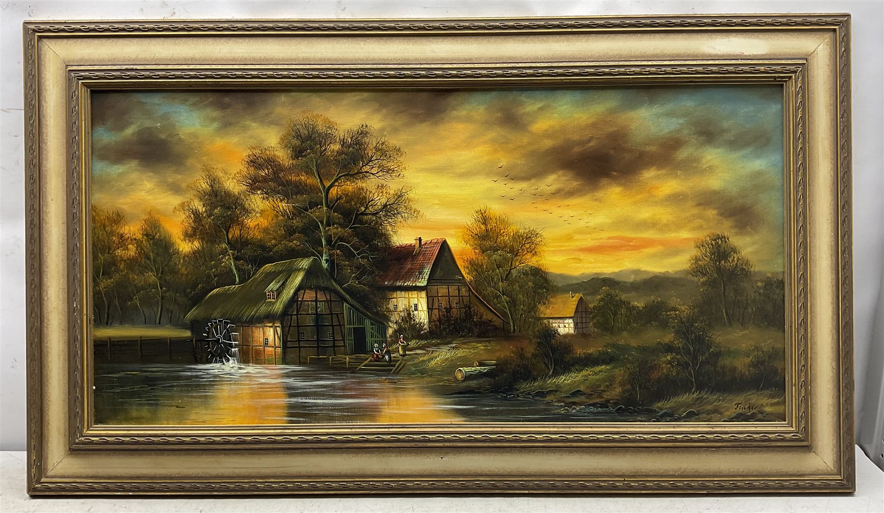 Continental School (20th century): Watermill at Sunset, oil on canvas indistinctly signed 48cm x 98cm