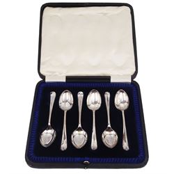 Set of six Early 20th century silver Hanoverian pattern teaspoons, each with rattail bowls, hallmarked Cooper Brothers & Sons Ltd, Sheffield 1917, contained within fitted tooled leather velvet and silk lined case