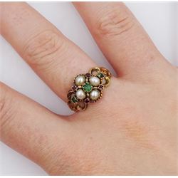 Victorian 15ct gold split pearl, green and red stone set flower head cluster ring, the underside with plaited hairwork, openwork design shoulders and engraved foliate band, the inner band inscribed W.H. To J.B. 1848