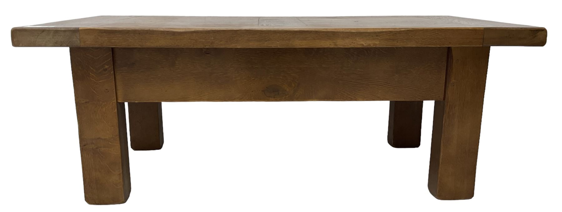 John Lewis - 'Bergerac' oak coffee table, rectangular plank top with single drawer to the longer side, on square supports 