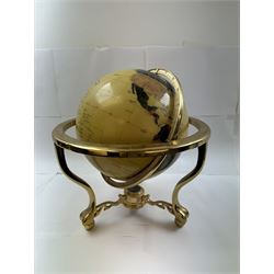 Polished gemstone terrestrial globe on gilt metal stand, H47cm