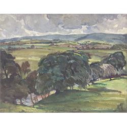 William Charles Penn (British 1877-1968): Expansive Landscape, oil on board signed, with a further still life verso 40cm x 50cm