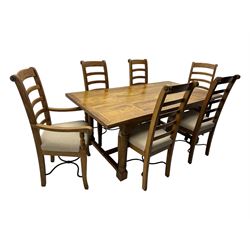 Barker & Stonehouse 'Flagstone' range mango wood dining table, fluted rectangular top with marquetry inlay, raised on turned supports connected by fluted H-stretcher; six (4+2) slatted-back chairs with beige upholstered seats H112cm 