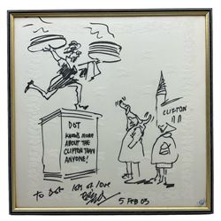 Bill Tidy (British 20th Century): 'Dot knows more about the Clifton than anyone!', cartoon illustration on napkin signed and dated '03, 47cm x 48cm 