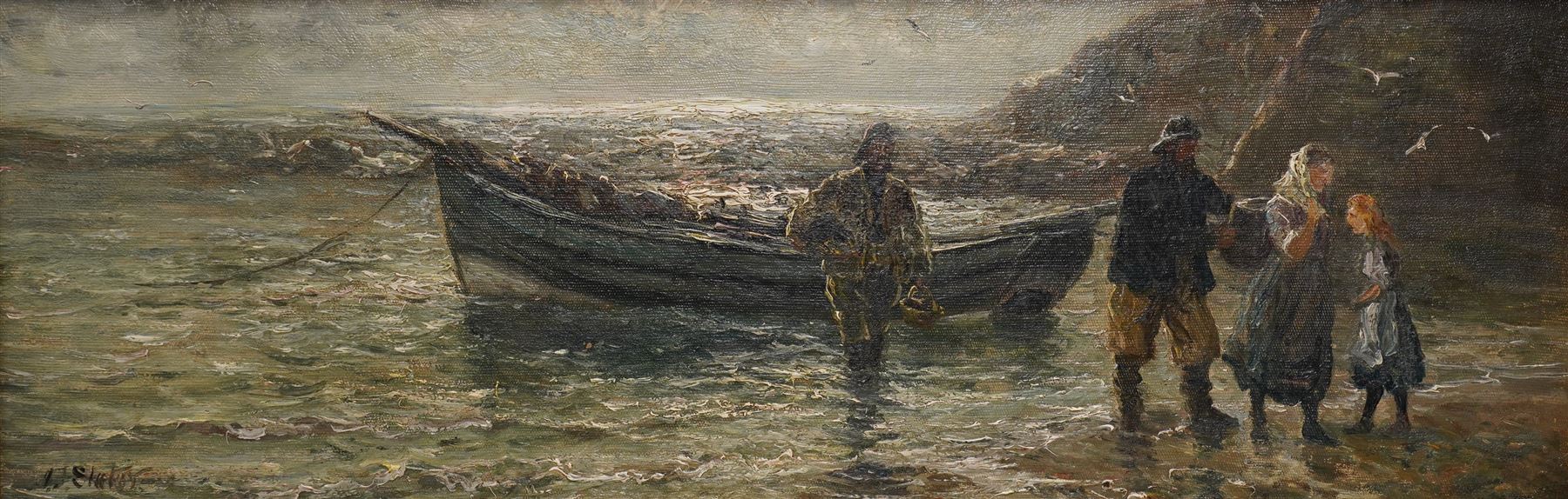 John Falconar Slater (British 1857-1937): Bringing in the Day's Catch, oil on canvas board signed 23cm x 71cm