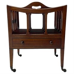 George III mahogany Canterbury, four divisions, fitted with single drawer with turned handles, on square tapering supports with brass cups and castors 