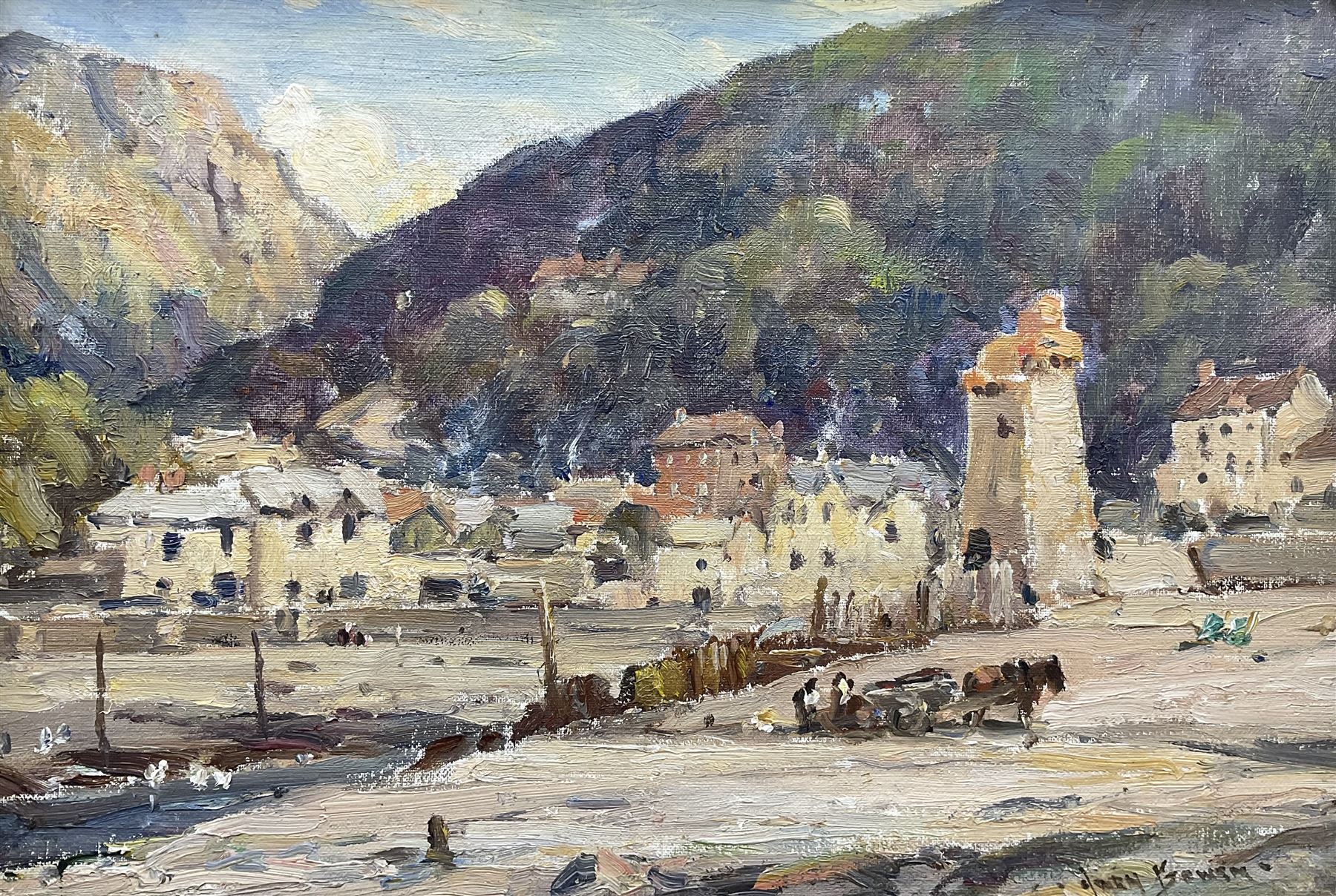 Owen Bowen (Staithes Group 1873-1967): 'Lynmouth before the Floods', oil on board signed, titled and dated 'about 1935' on label verso 23cm x 34cm 
Provenance: private collection; acquired from the artist's daughter Betty McDougal (neé Bowen), authenticated on label verso