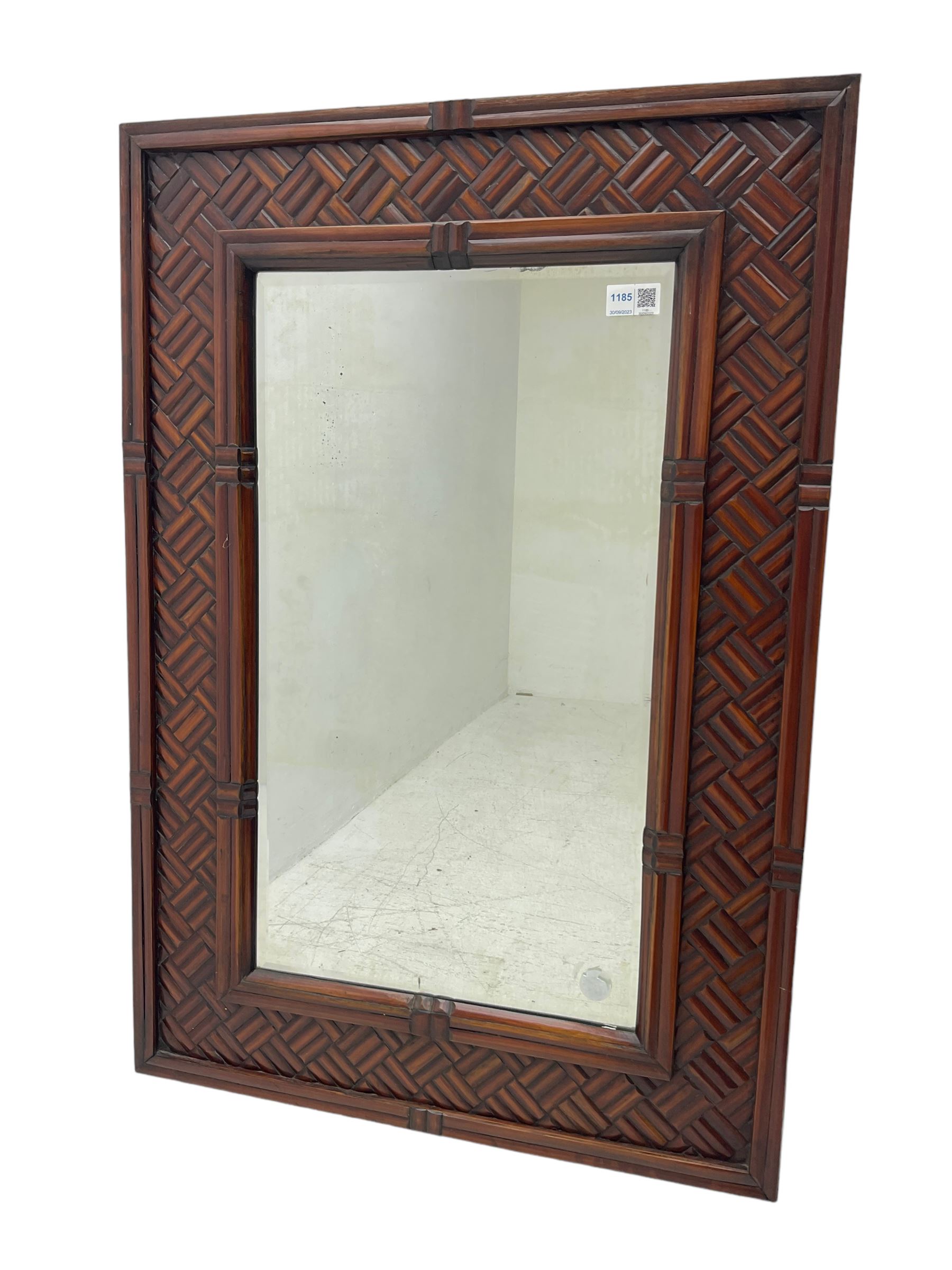 Chinese design bamboo and wood rectangular wall mirror, parquetry lattice-work bamboo, bevelled plate