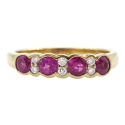 9ct gold ruby and diamond ring, four round cut rubies, each with two round brilliant cut diamonds set between, hallmarked