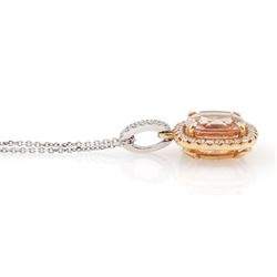 18ct white and rose gold cushion cut morganite and round brilliant cut diamond pendant, with diamond set bail, hallmarked, on 18ct white gold trace link chain necklace, stamped 750, morganite approx 3.65 carat, total diamond weight approx 0.35 carat