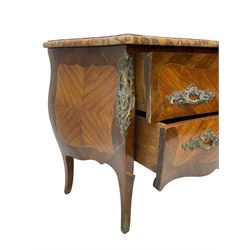 Late 20th century Louis XV design Kingwood and rosewood bombe commode chest, shaped ovolo-moulded variegated marble top, fitted with two drawers, scrolling foliate cast gilt metal handles and mounts