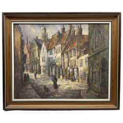 Donald Gray Midgely (British 1918-1995): 'Church Street in Winter - Whitby North Yorkshire', oil on board signed and dated '72, titled verso 39cm x 50cm 
Notes: Midgley was born in Halifax, moved to Whitby after his mother Lottie died. Lived at 2 Salt Pan Steps.