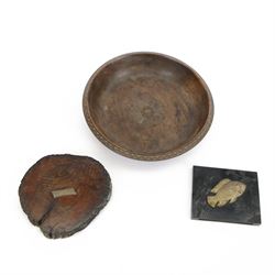 Oak bowl with rose to the centre, together with a piece of wood marked 'Oak and Bell metal...