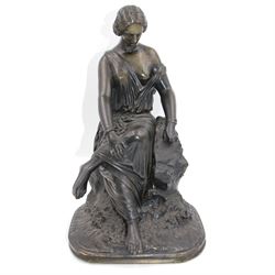 19th century bronzed figure, modelled as a female figure in classical drapery, seated upon a rocky outcrop rising from the naturalistically modelled rounded base, overall H31cm