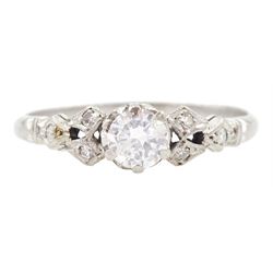 White gold single stone round brilliant cut diamond ring, with milgrain set diamond openwork shoulders, stamped 18ct, principal diamond approx 0.25 carat