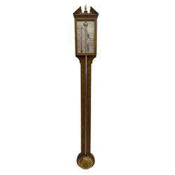 Commiti - 20th century Mercury stick barometer in the 18th century style, with a broken pediment and brass finial, silvered register with a spirit thermometer and vernier gauge within a glazed door, visible cistern tube and circular cover to the base.