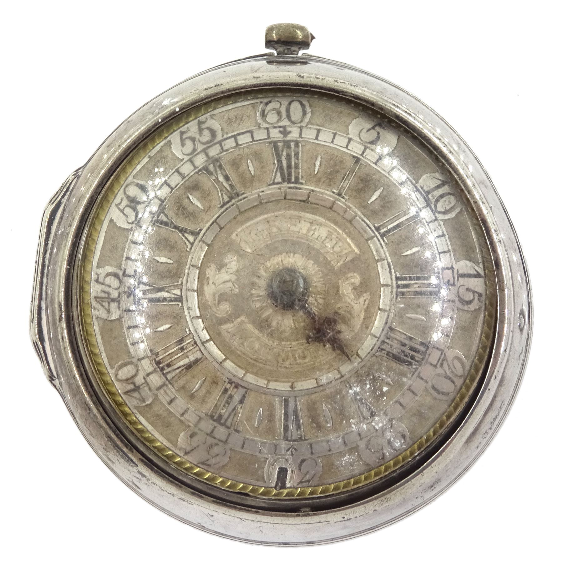 18th / early 19th century silver pair cased verge fusee pocket watch by Francis Green, London, pierced and engraved balance cock, silver champleve dial with gilt border, Roman hours and outer Arabic minute ring, dial signed Green London