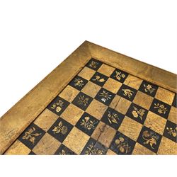 Late 19th century walnut games table, the square top with sunken inlaid chessboard decorated with inlaid floral bouquets, shaped and pierced frieze rails, on quadruple spiral turned pillars, concaved square platform inlaid with flowers, on acanthus leaf carved splayed supports with scrolled terminals 