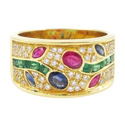 18ct gold pave set, round brilliant cut diamond and vari-cut sapphire, emerald and ruby fl...