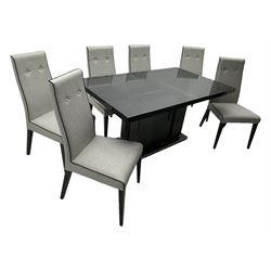 Alf Italia Monte Carlo - rectangular dining table, high gloss finish, pull-out action extending top with folding leaf (160cm - 210cm x 95cm, H76cm); together with a set of six high back chairs, upholstered in light grey buttoned fabric with darker grey piping 