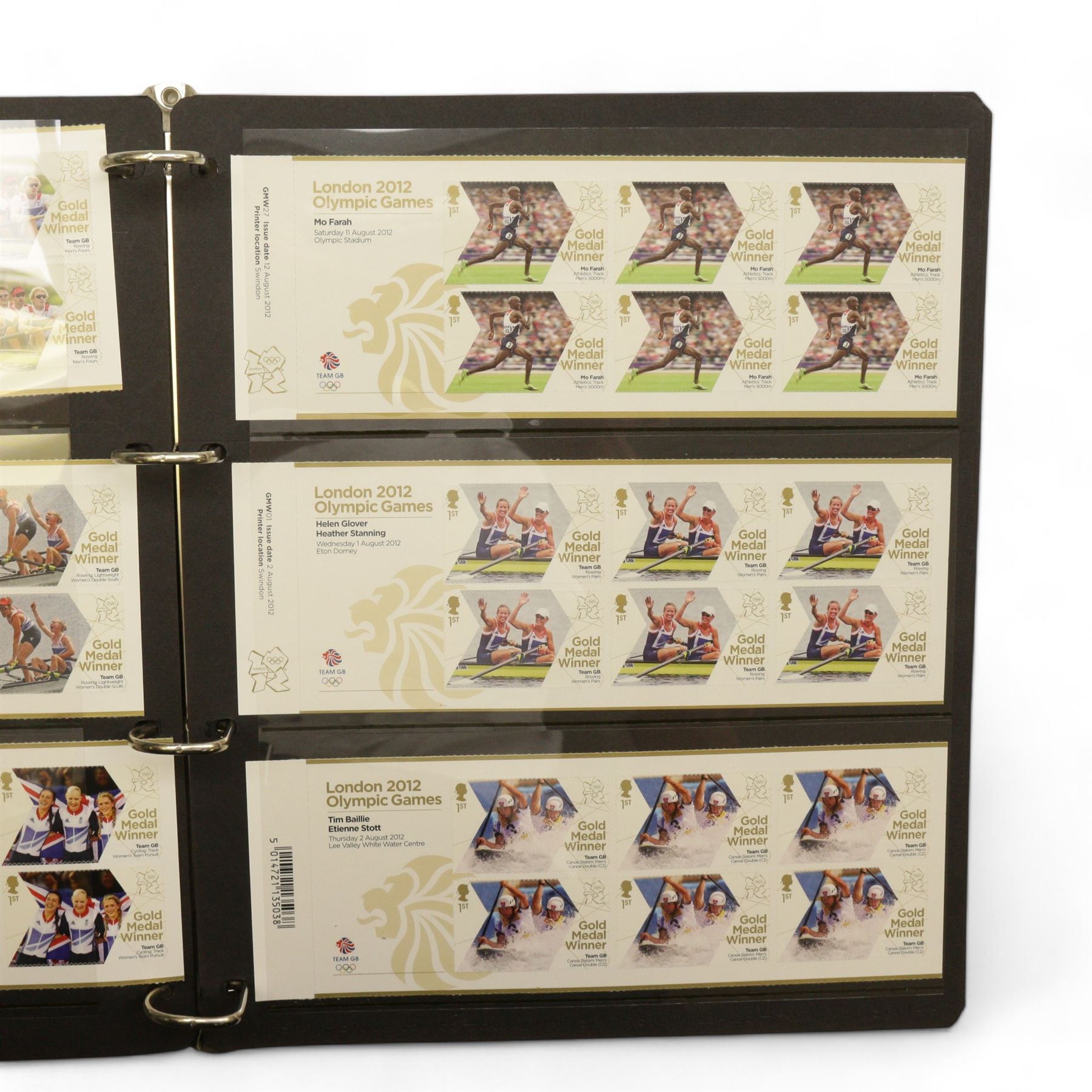 Queen Elizabeth II mint decimal stamps, in London 2012 Gold Medal Winner presentation packs, face value of usable postage approximately 250 GBP