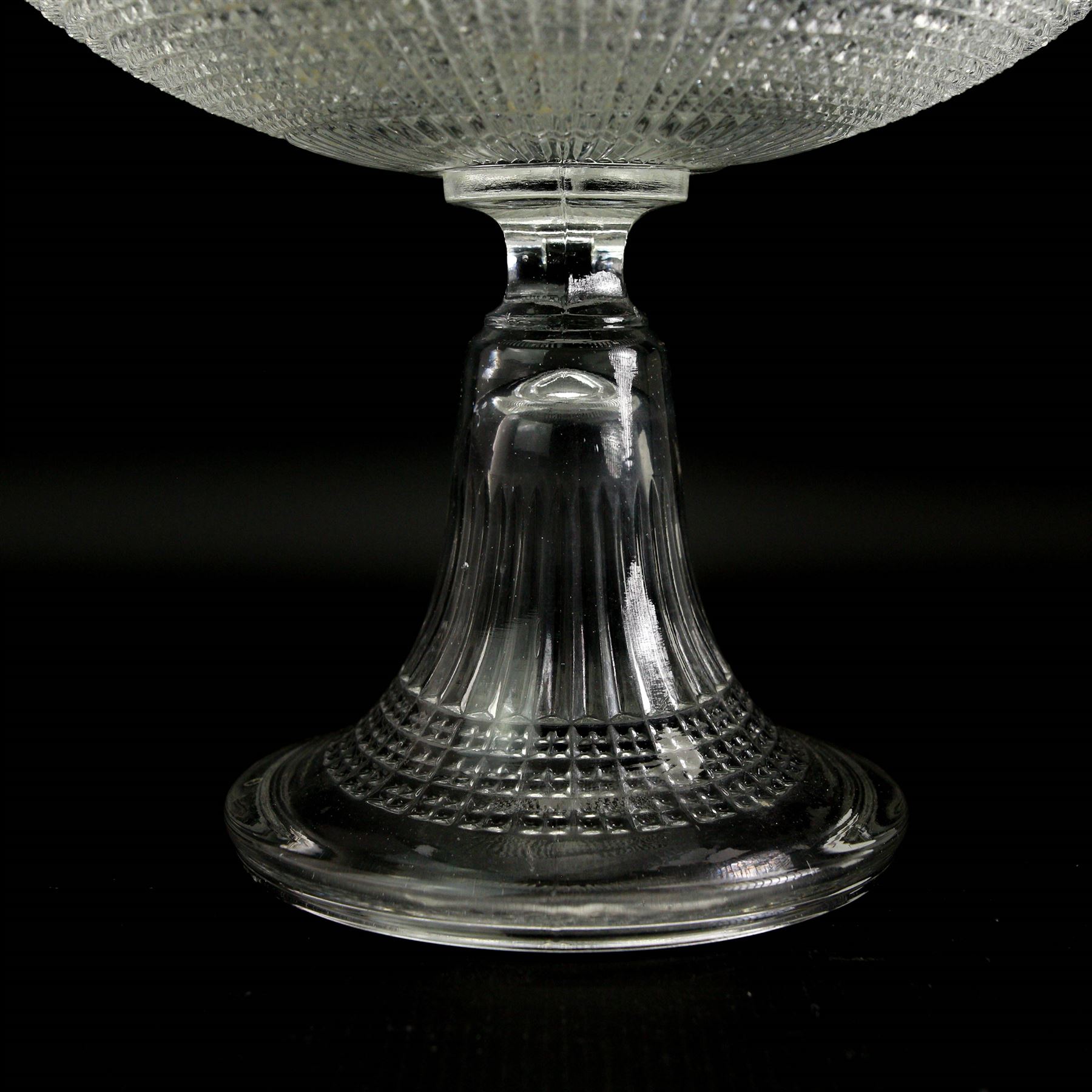 19th century glass tea mixing bowl, circa 1820, H9cm, together with an 18th century glass rinser, circa 1785 and a large hobnail cut glass fruit dish, on pedestal stem, H18cm (3)