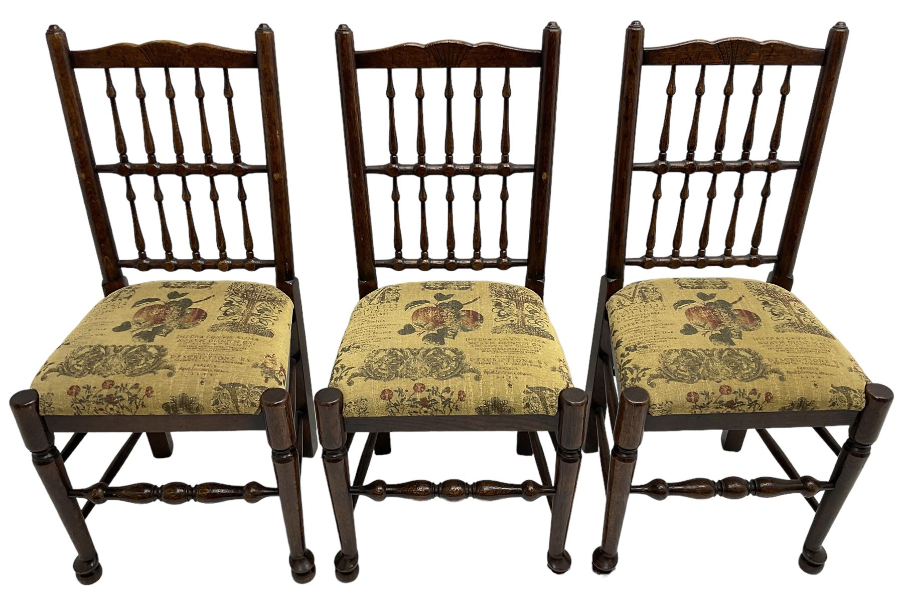 Set of six (4+2) 20th century oak spindle back dining chairs, with upholstered drop-on seat cushions, turned supports joined by turned stretchers