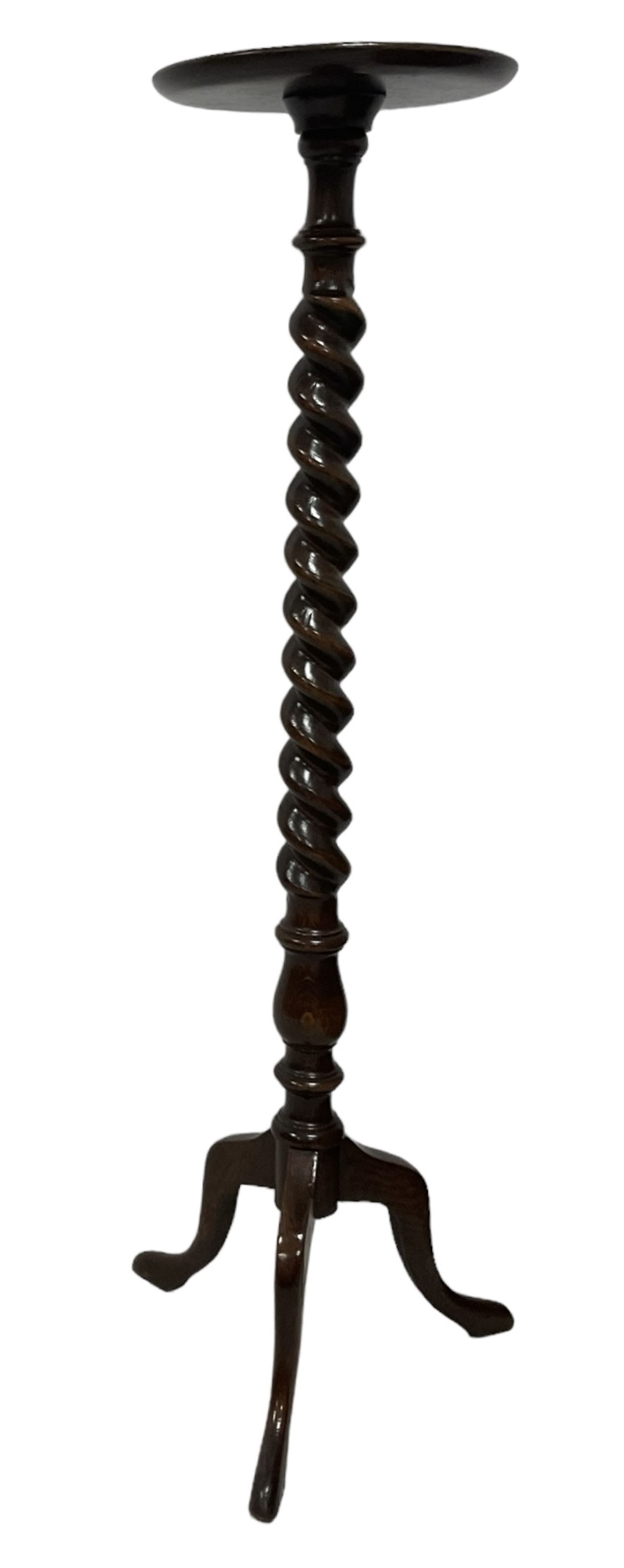 Edwardian oak spiral turned torchere stand, circular dished top, on tripod base (W31cm H125cm); Edwardian oak hallstand, fitted with single drawer, four sectional umbrella or stick stand over drip tray, with associated brush (W60cm H76cm) 