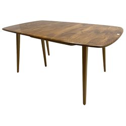 Ercol - light elm and beech 'Slide Leg Expanding Dining Table (444)', rectangular top with rounded corners, raised on tapered splayed supports, with two additional leaves