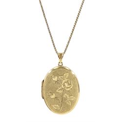 Gold locket pendant, with engraved rose decoration, on gold box link chain necklace, both 9ct