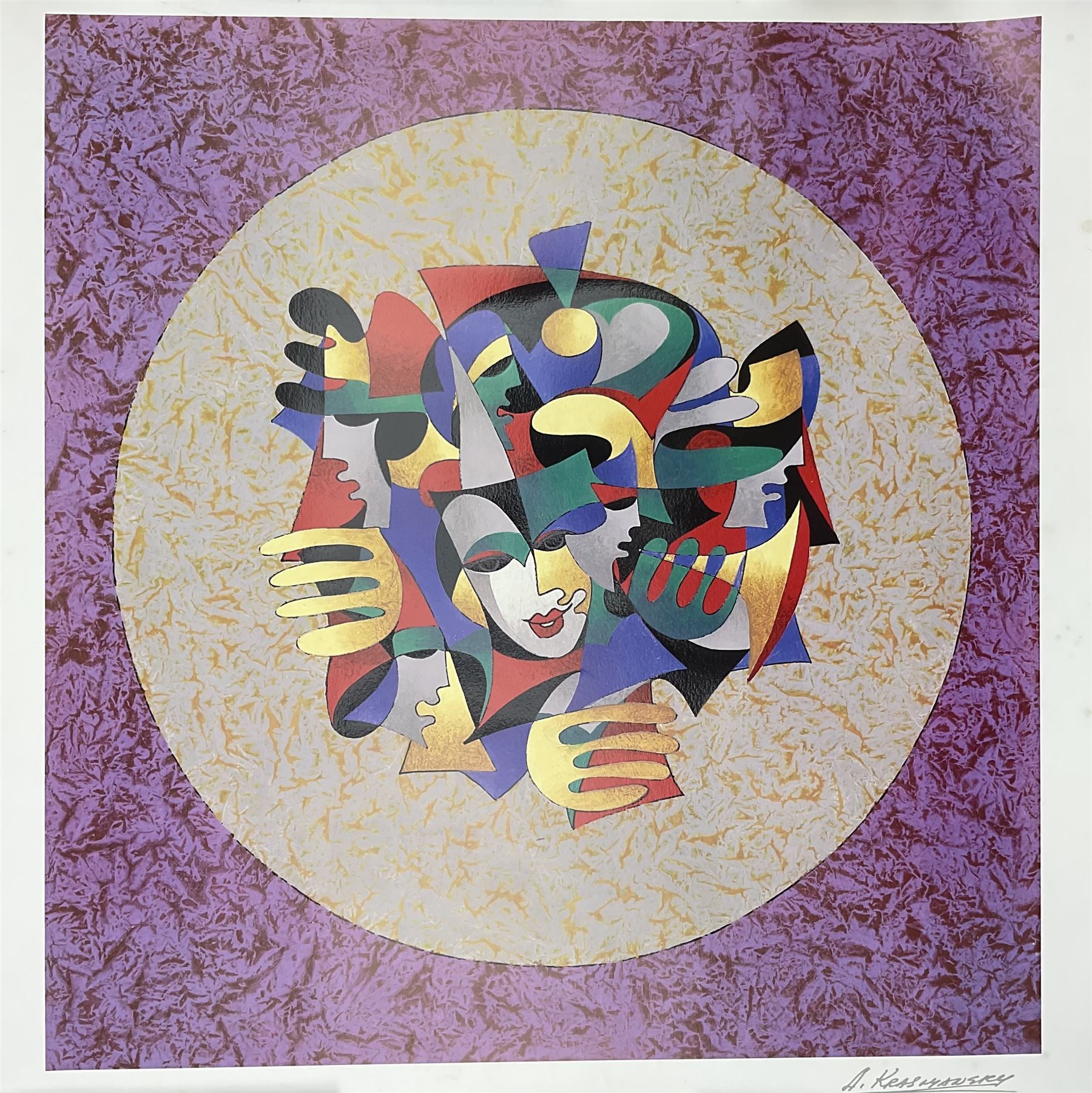 Linda Le Kinff (French 1949-): 'Robe du Soir' and The Orchestra, two lithographs max 69cm x 86cm; Anatole Krasnyansky (Ukrainian 1930-): 'Musical Sphere', Nicole Suzanne Stahl (Continental Contemporary): 'Gentle Voyagers'; Neil J Farkas (American 20th Century): 'Mona Lisa', three lithographs max 69cm x 72cm; Slava Brodinsky (Russian 1955-): Fields of Colour, pair limited edition serigraphs signed and numbered 238/495 and 18/55 max 58cm x 33cm (7) (unframed)