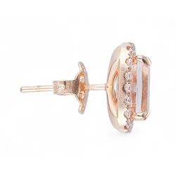 Pair of 18ct rose gold, cushion cut morganite and round brilliant cut diamond halo cluster stud earrings, hallmarked, total morganite weight approx 2.70 carat, total diamond weight approx 0.40 carat