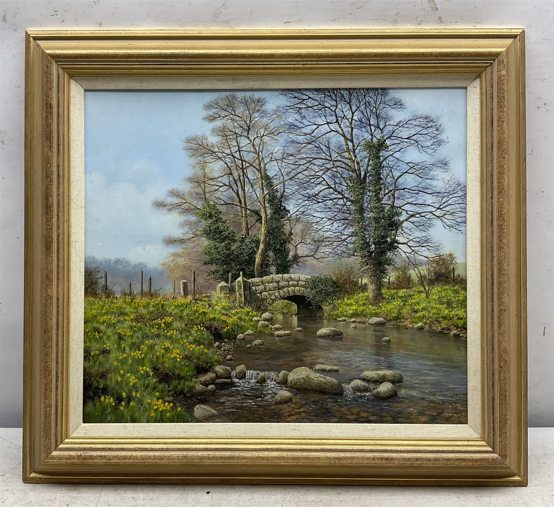 William R Makinson (British 20th Century): 'Daffodil Bridge', oil on canvas signed, titled verso 34cm x 40cm 