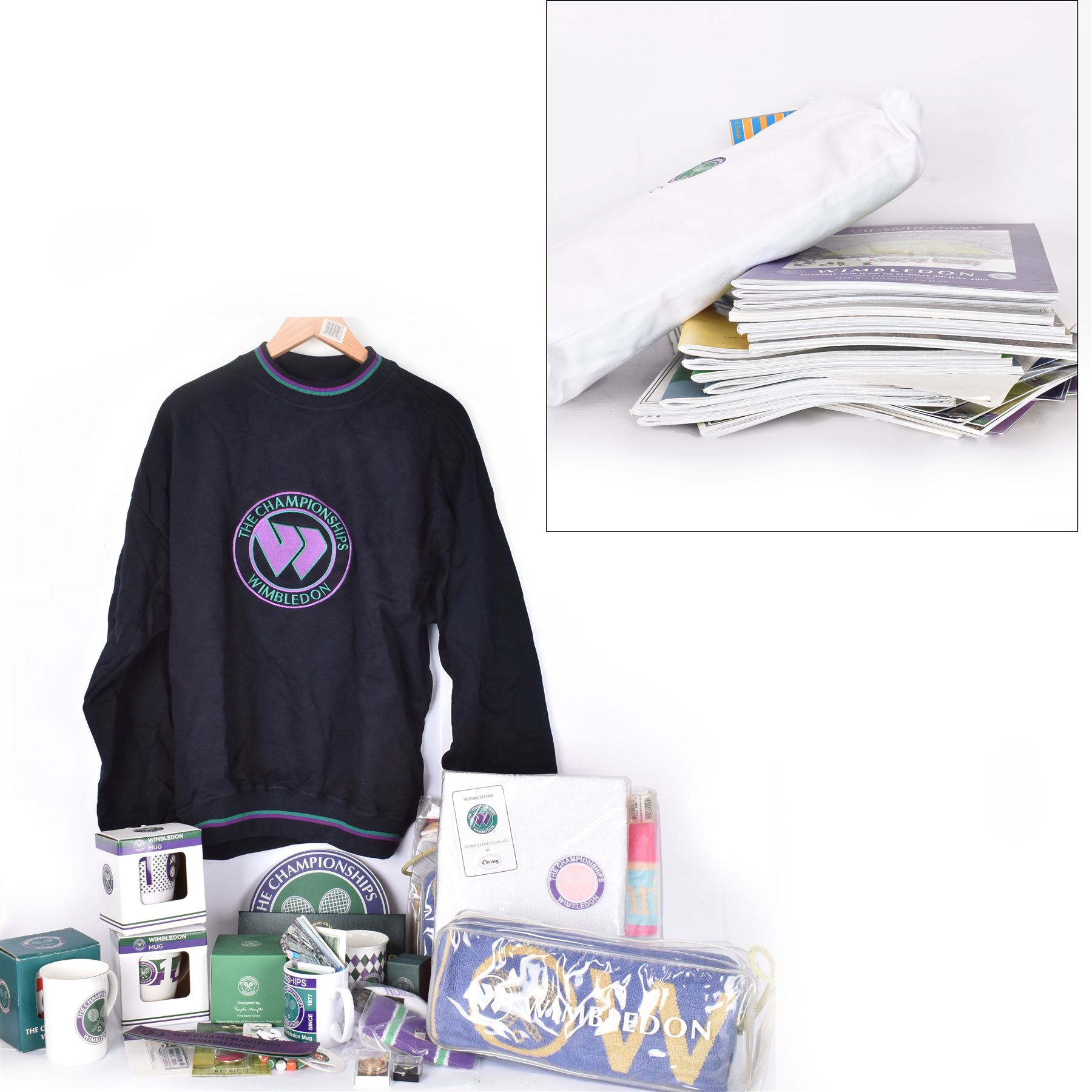 Collection of Wimbledon tennis memorabilia, including towels, programs, mugs, t-shirt, keyrings, ephemera etc