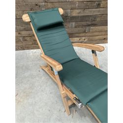 Pair of solid teak adjustable garden steamer armchairs, stainless brackets, with cushions