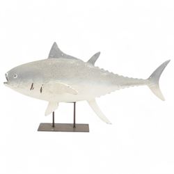 Composite model of a tune fish, upon a metal stand, H56cm