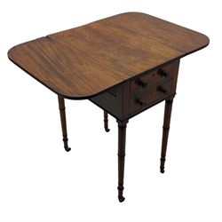 George III mahogany Pembroke table, reed moulded rectangular drop leaf top with rounded corners, fitted with two drawers opposing two false drawers, on ring turned supports with brass cups and castors 