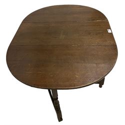 18th century country oak drop-leaf table, oval top, fitted with single drawer, raised on double gate-leg action bobbin-turned supports, united by stretchers