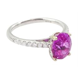 18ct white gold oval cut pink sapphire ring, with diamond set shoulders, hallmarked, sapphire approx 2.80 carat