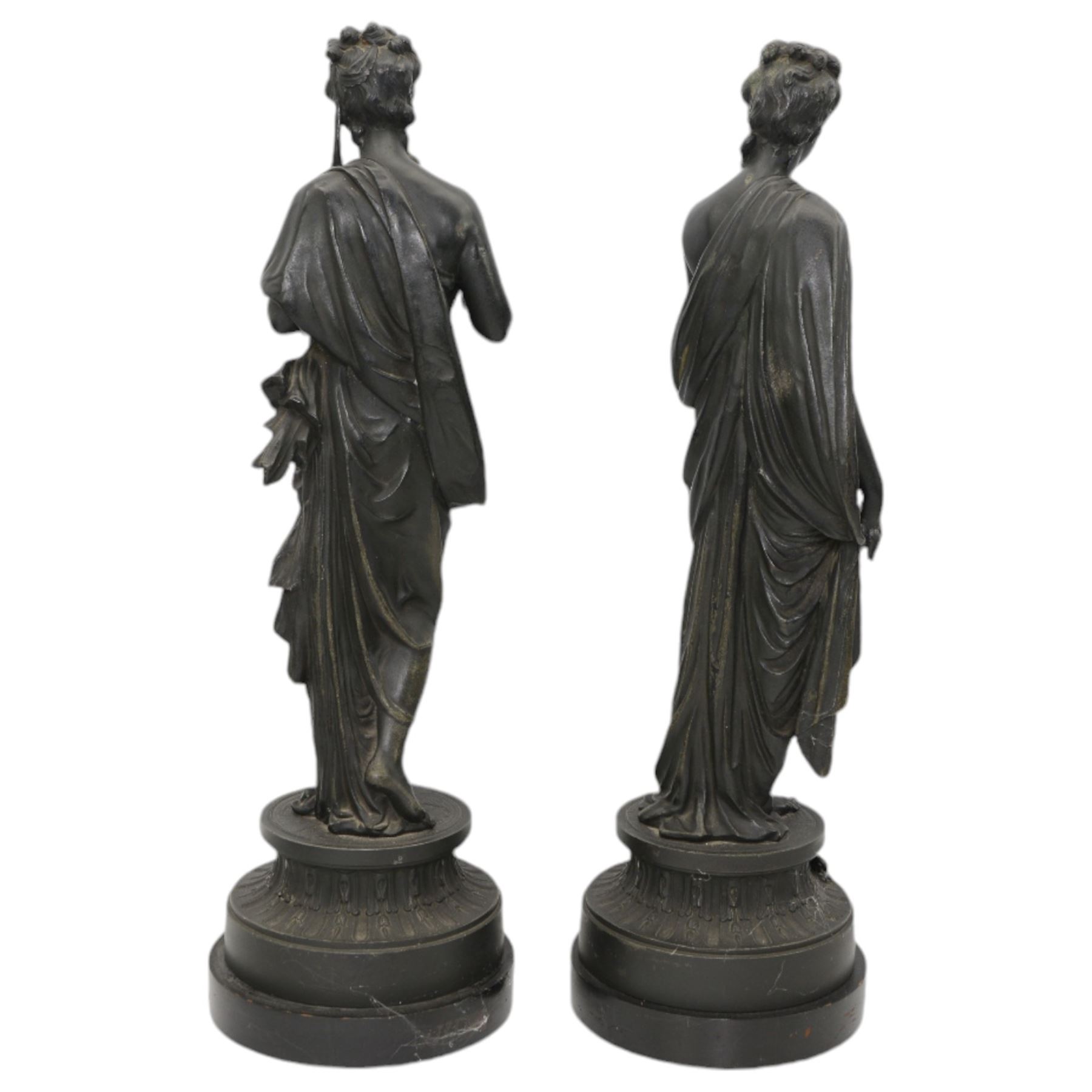 Pair of 19th century French spelter figures 'Eloquentia' and 'Prudentia' on wooden bases H52cm