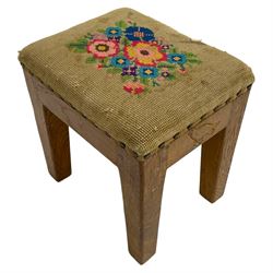 Eagleman - small oak stool, with floral needlework upholstered seat, carved with eagle signature, on square tapering supports, by Albert Jeffray, Sessay