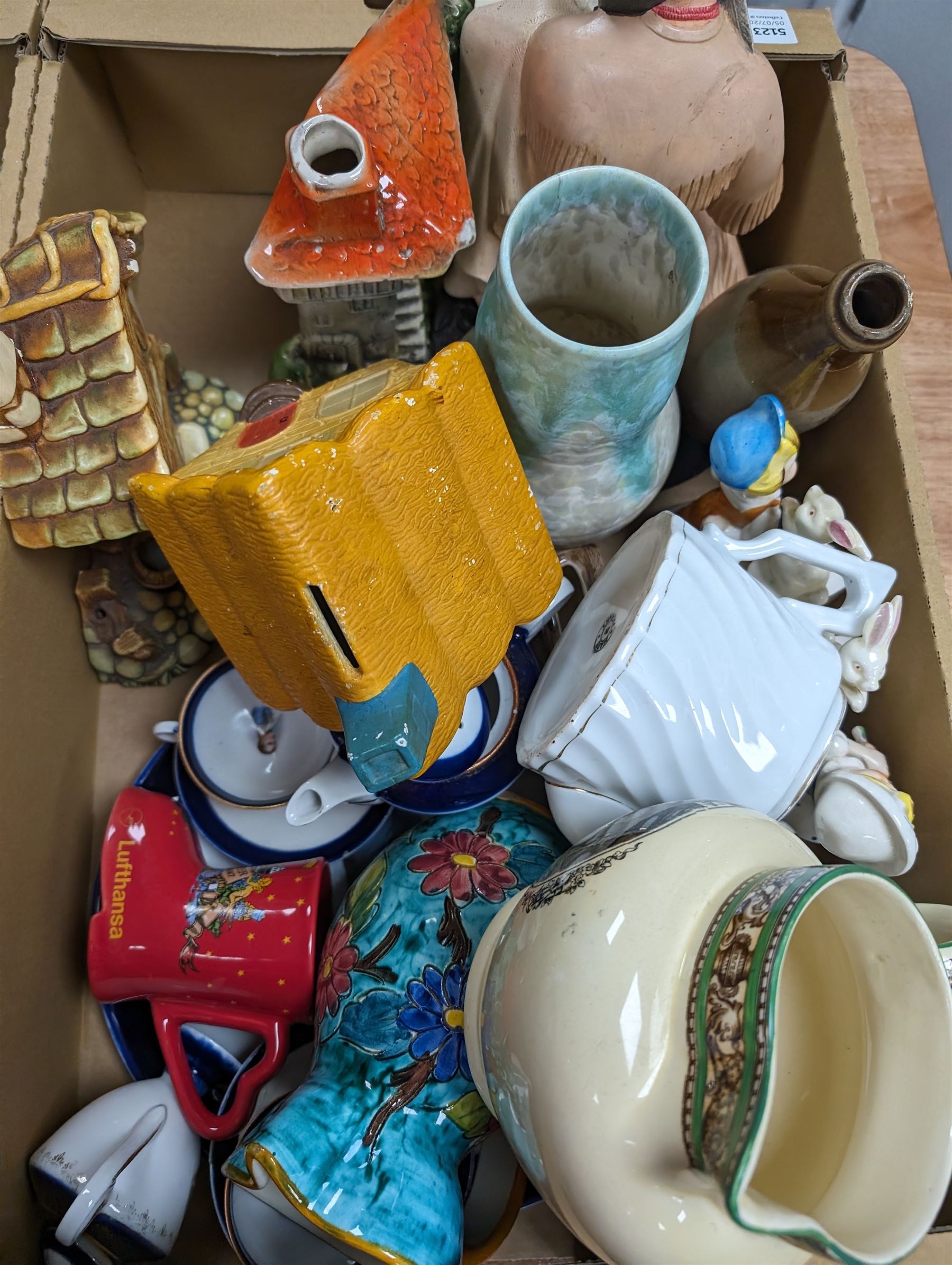 Silver plate coffee pot and sugar bowl, heavy glass vases, Napoleon bust, Pendelfins, and a collection of other ceramics, glassware and collectables, in three boxes 