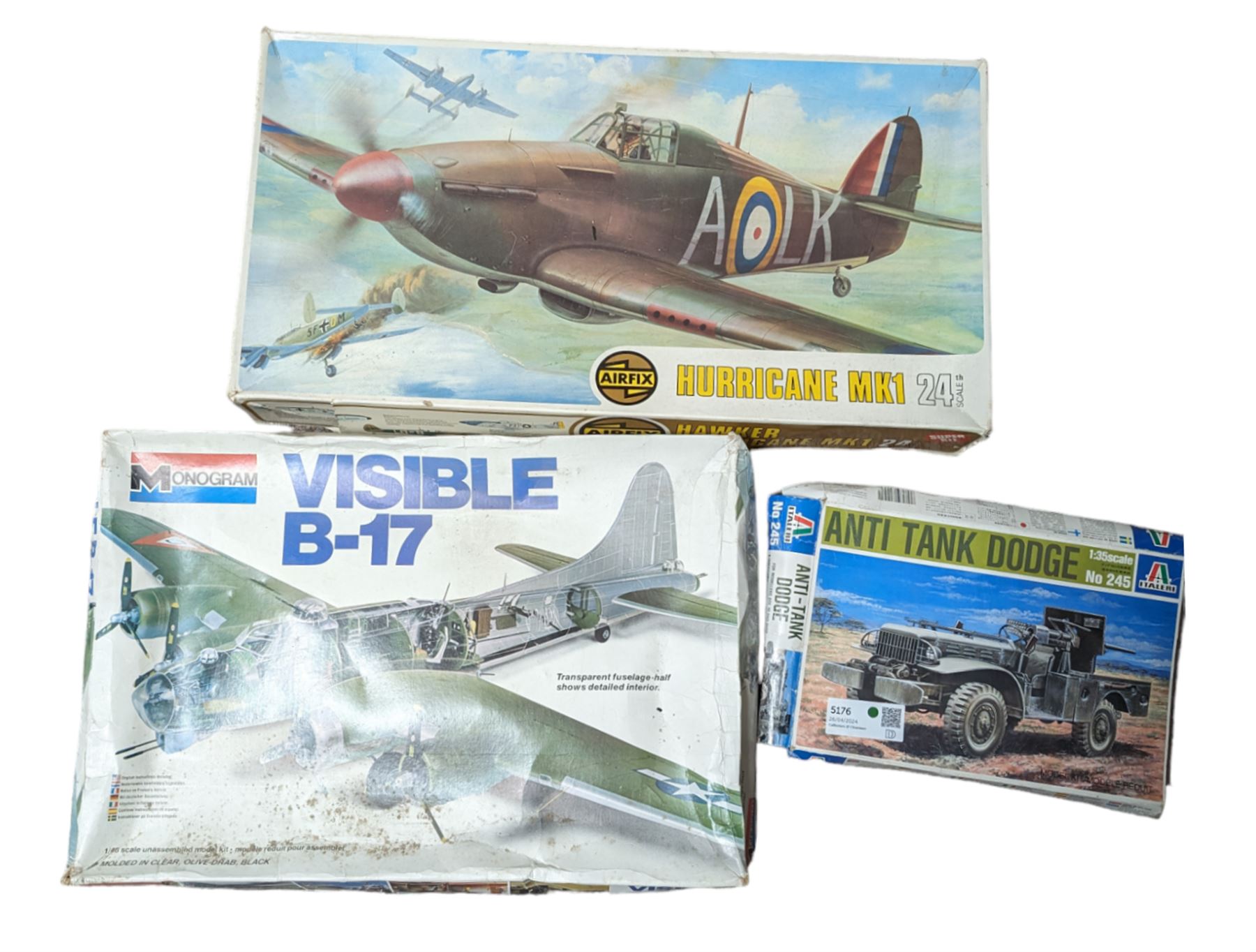 Three model kits, including Airfix Hawker Hurricane MK1 1:24 scale, Italeri Anti Tank Dodge 1:35 scale and Monogram Visible B-17 1:48 scale, all boxed 