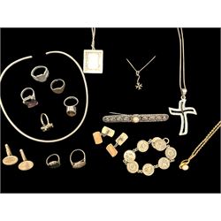 Silver and costume jewellery, including stone set rings, cross necklace, cufflinks, marcasite pearl brooch etc