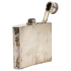 Engine turned silver spirit hip flask of concave outline 3/4 gill 9cm x 8cm  Birmingham 1934 Maker Henry Clifford Davis retailed by Ogdens of Harrogate and London  