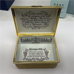 Two Halcyon Days enamel boxes, both of rectangular form, the first depicting Buckingham Palace, 'To Celebrate the Golden Jubilee of Her Majesty Queen Elizabeth', the second depicting the marriage of The Queen and Prince Philip, in celebration of their Diamond Wedding Anniversary, H4cm, W8.5cm, both boxed