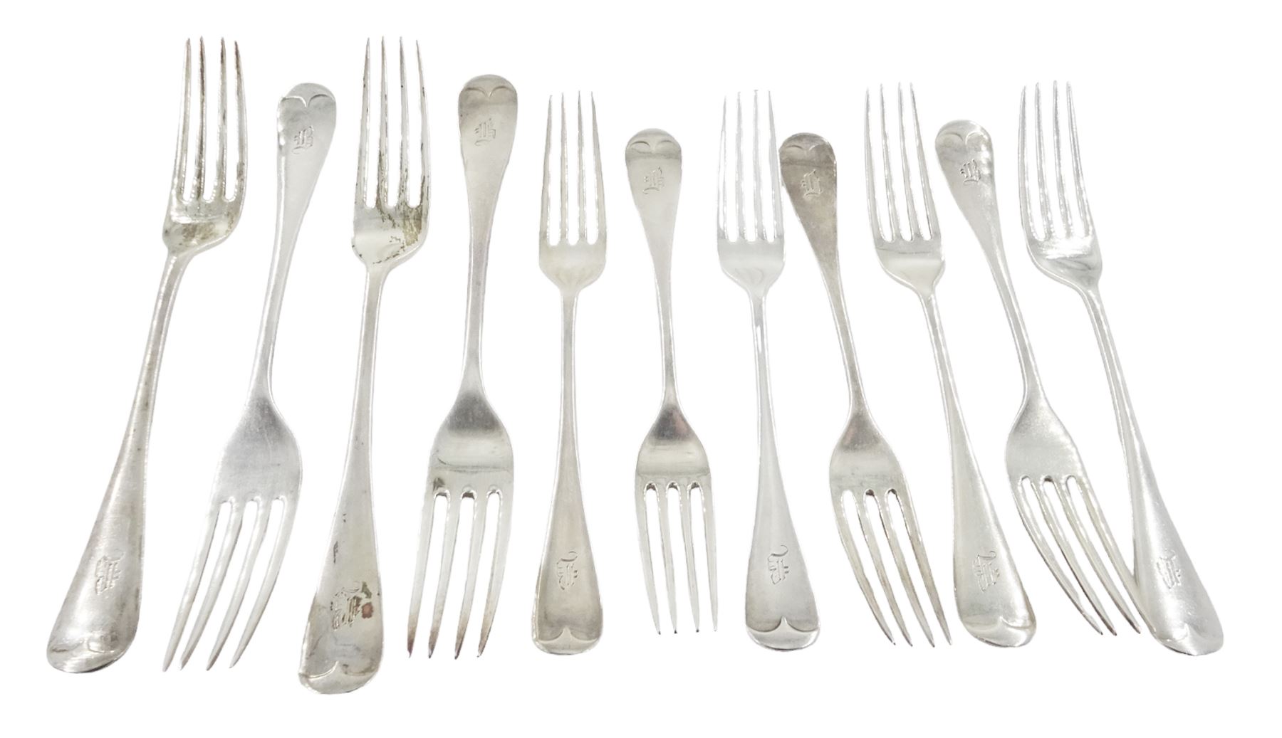 Set of eleven late Victorian Hanoverian pattern forks, to include four table forks and seven dessert forks, all engraved with initial B, hallmarked John Round & Son Ltd, Sheffield 1894 & 1896 