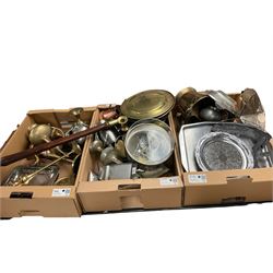 Collection of metalware including trays, copper jugs, candlestick etc, in three boxes 