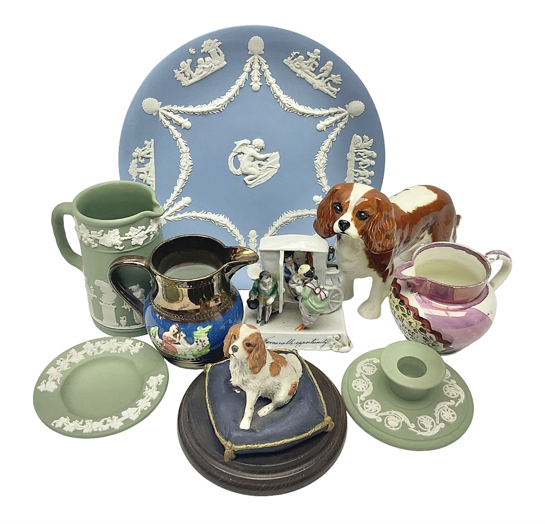 Beswick King Charles Spaniel, together with a Country Artists King Charles Spaniel, four pieces of Wedgwood Jasperware, two lustre jugs, etc