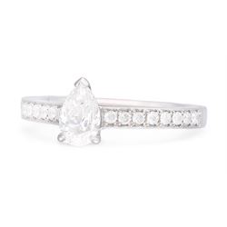 Platinum single stone pear cut diamond ring, with diamond set shoulders, hallmarked, principal diamond approx 0.50 carat, total diamond weight approx 0.70 carat